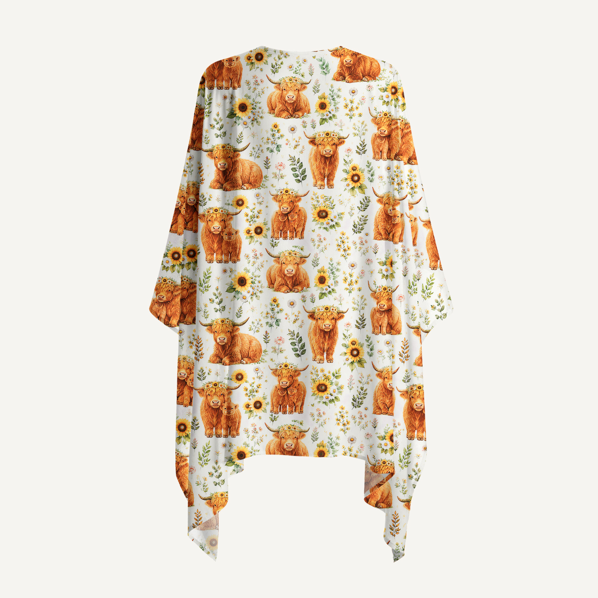 Spring Highland Cow Floral Print Kimono Shawl Wrap