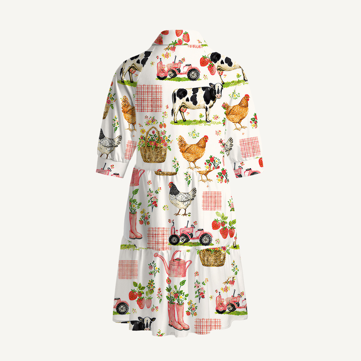V Neck Collared Watercolor Pink Farm Cow Chicken Mini Dress For Women With Pockets